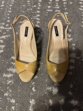 Alex Marie Gold/Tan Patent Leather Peep-Toe Slingback Heels